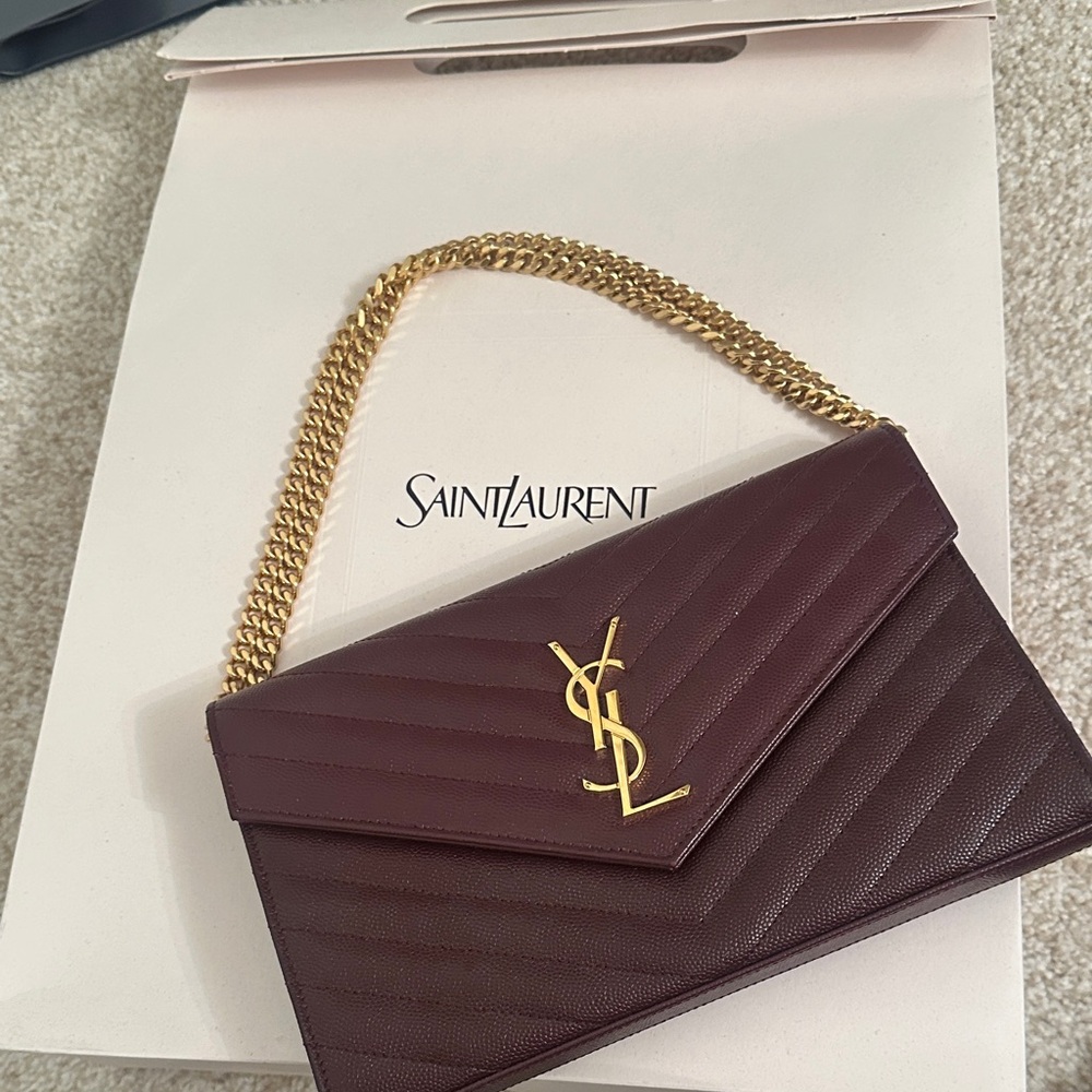 Saint Laurent Dark Red Clutch with Gold Chain